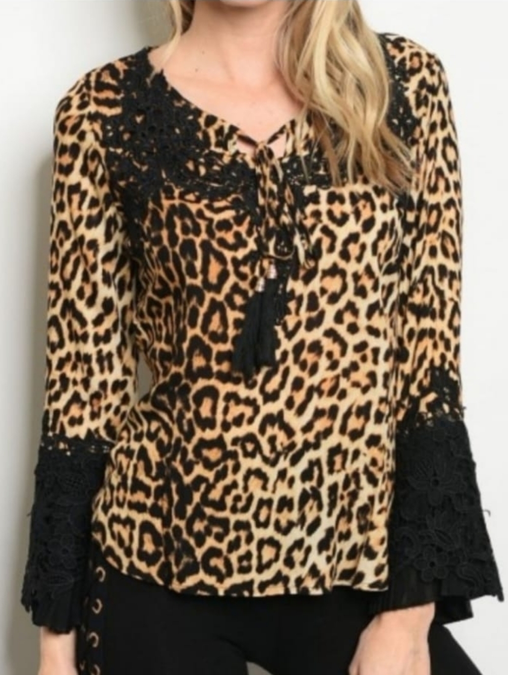 Leopard Print Tassel V-Neck Top with Black Lace Cuffs